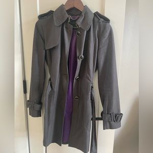 Grey Banana Republic trench coat with fun silky purple lining